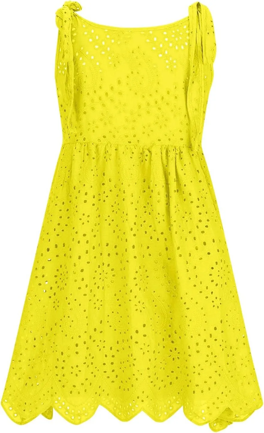 Womens Summer Casual Sleeveless V-Neck Tie Mini Dress Ruffle Pleated High Waist Tunic Dress Trendy Hollow Out Dress